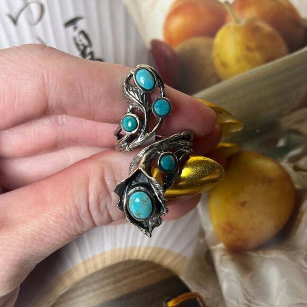 Estate Turquoise 925 Sterling Silver Flower Vine Ring